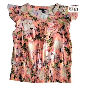INC Regal Blossom Floral Ruffled Peach, Green Blouse with Tassle Size Large